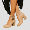 Women's Ankle Boots with Double Buckle Straps and Block Heel - Cream