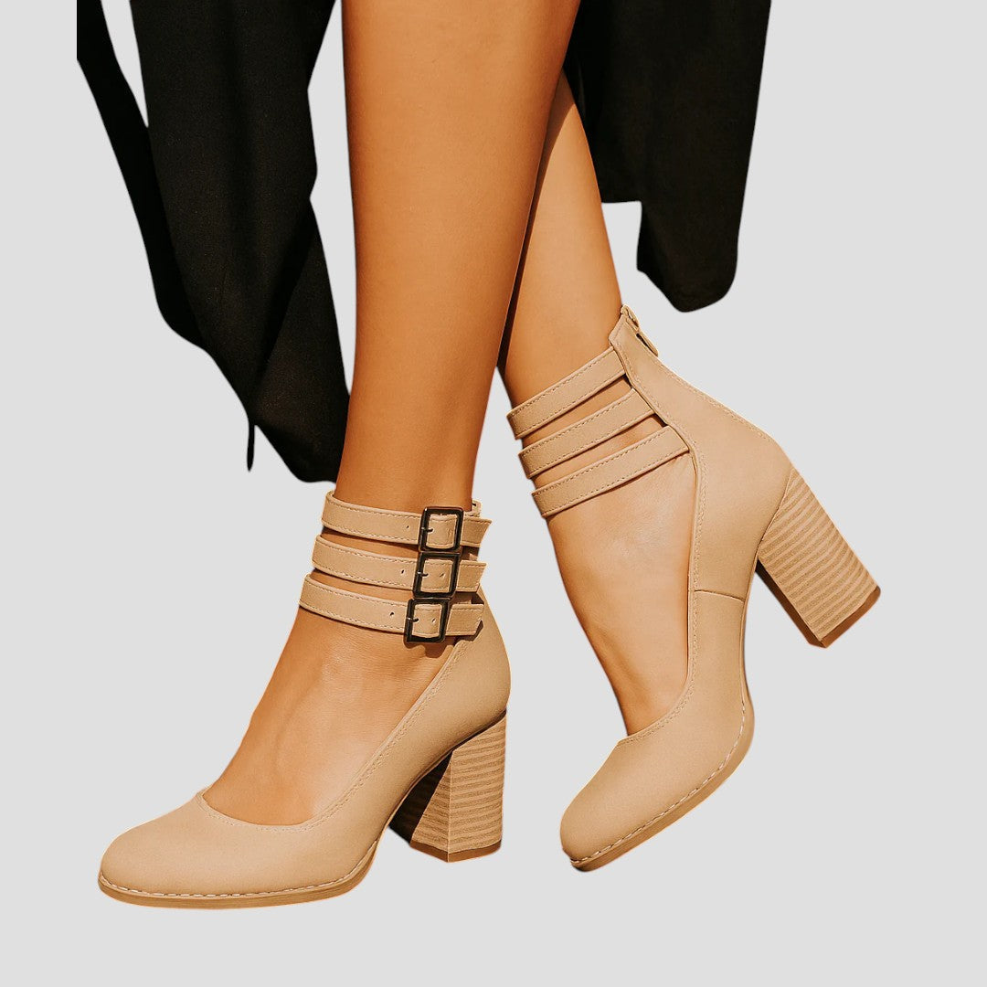 Women's Ankle Boots with Double Buckle Straps and Block Heel - Cream