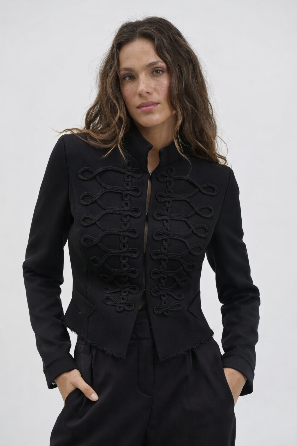 Women's Embroidered Structured Jacket with Button Front - 3