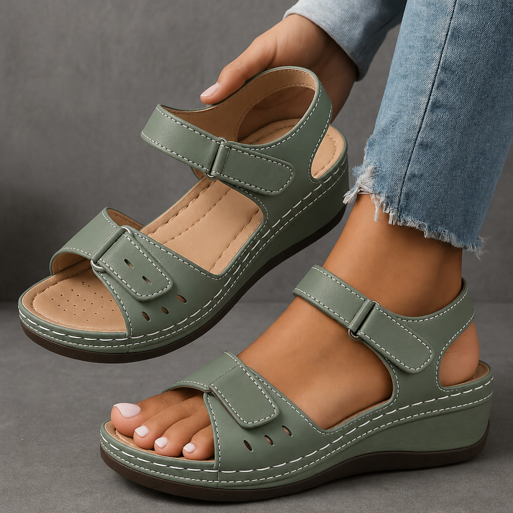 Women's Wedge Sandals with Adjustable Straps and Open Toe - Green