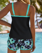 Tummy-Control Tankini Swimsuit Set with Floral Shorts - 12