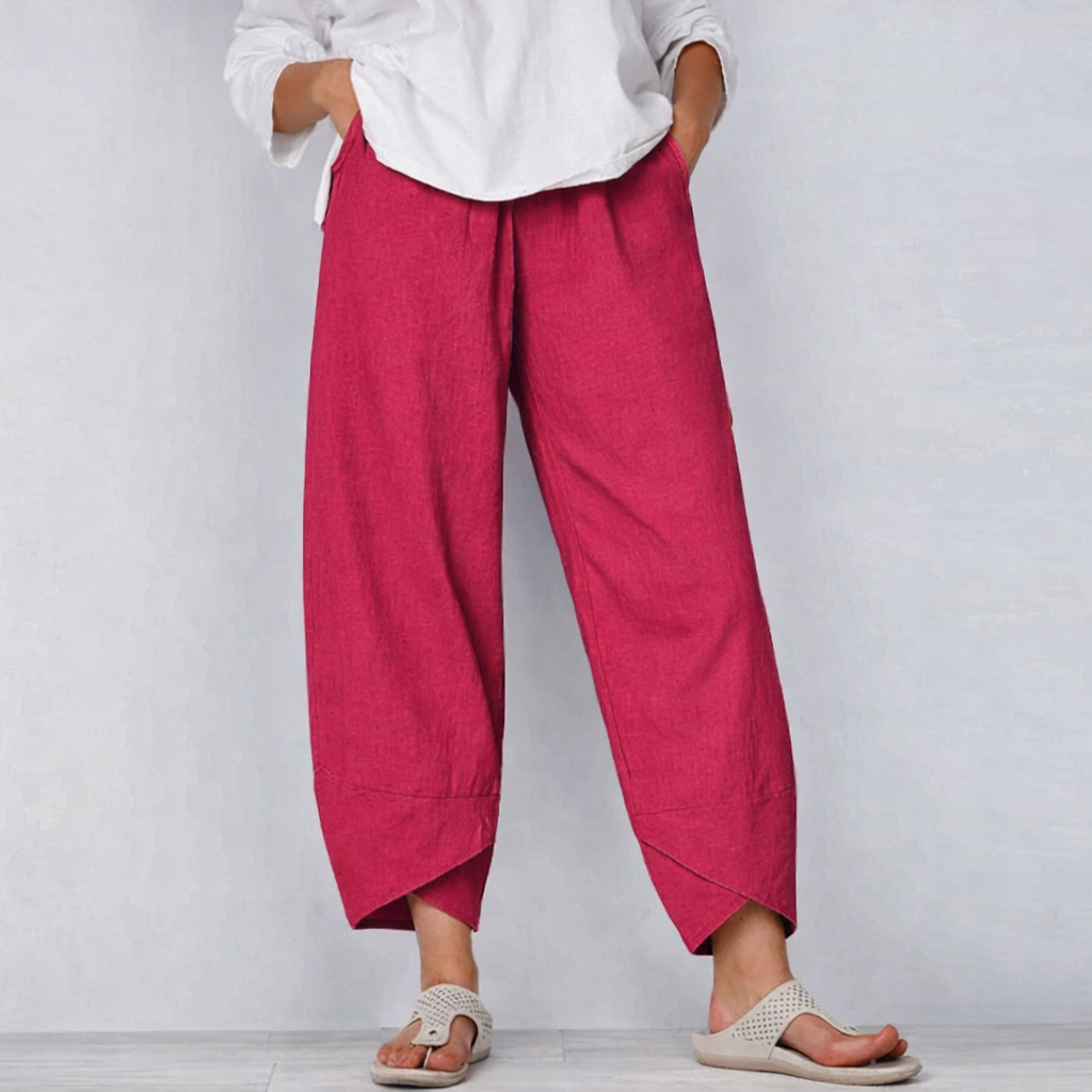 Women's Cropped Trousers with Tulip Hem and Drawstring Waist - Red