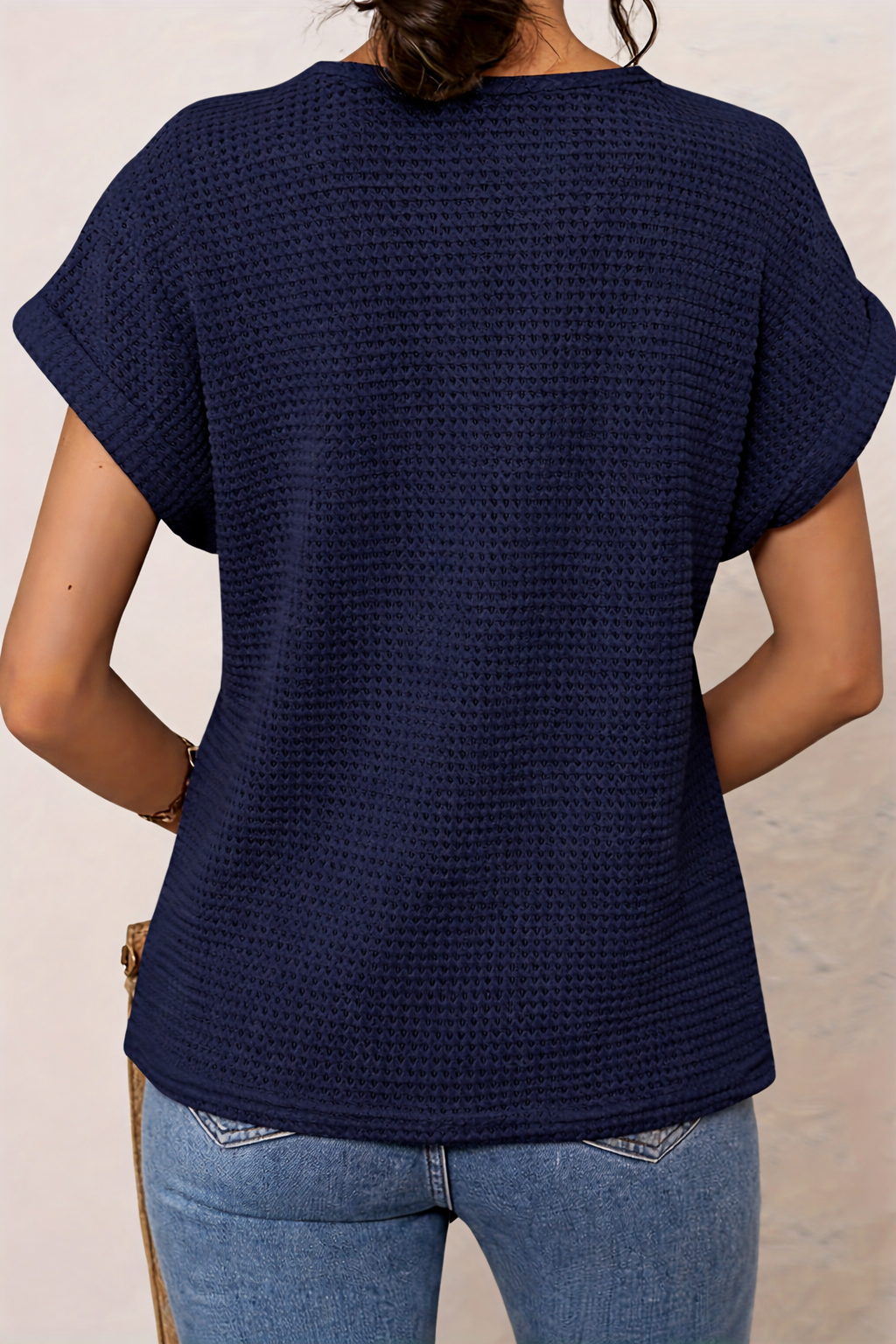 Women Waffle-Knit Top with Crochet Lace Trim and Round Neckline - 11