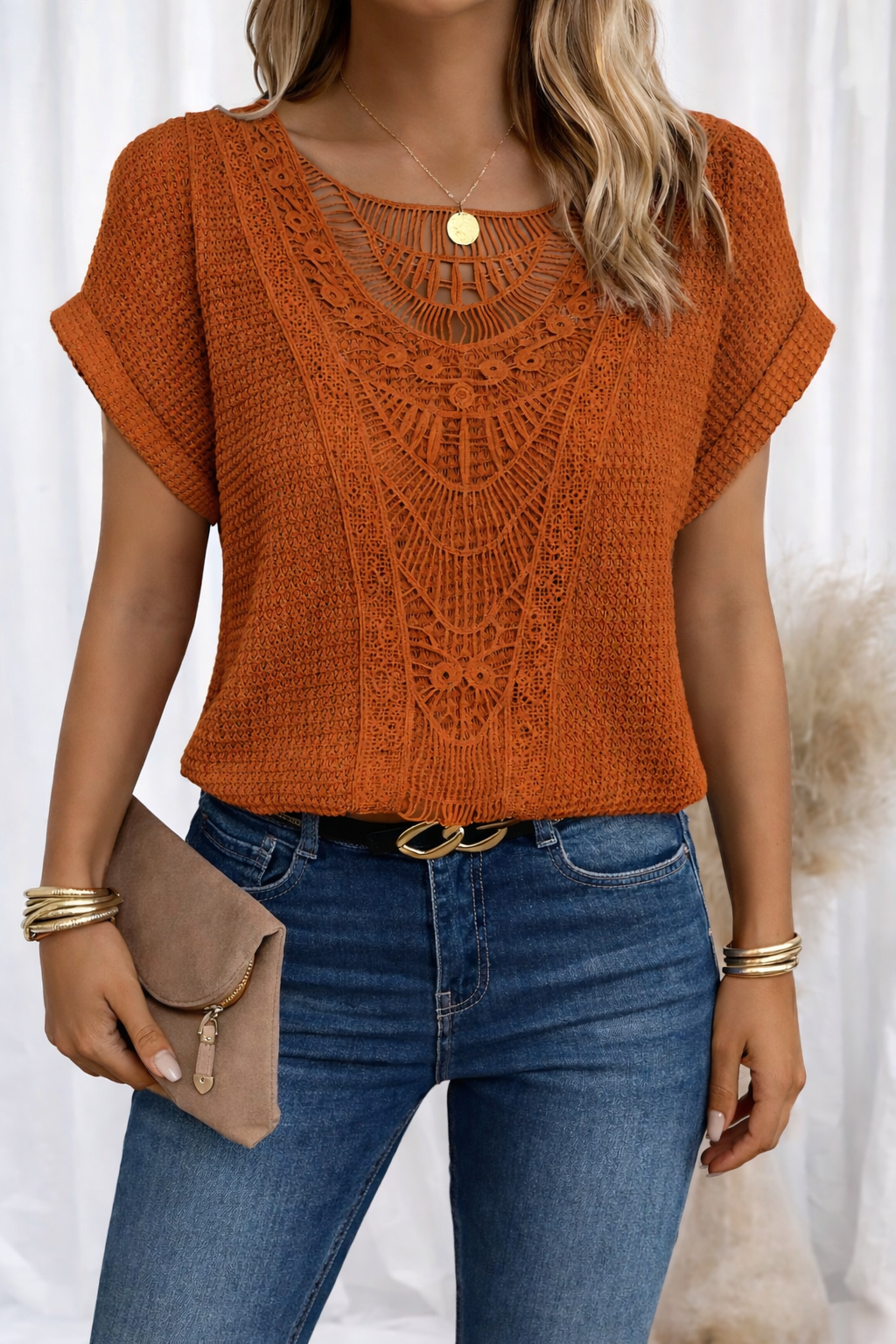 Women Waffle-Knit Top with Crochet Lace Trim and Round Neckline - Orange
