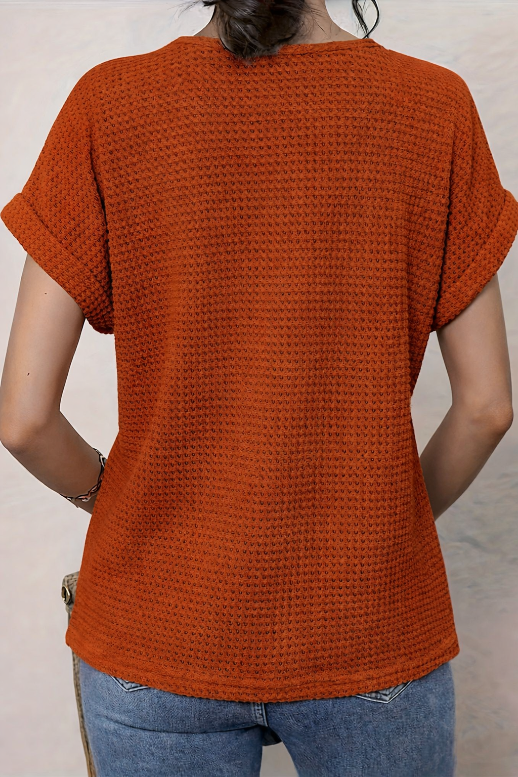 Women Waffle-Knit Top with Crochet Lace Trim and Round Neckline - 10