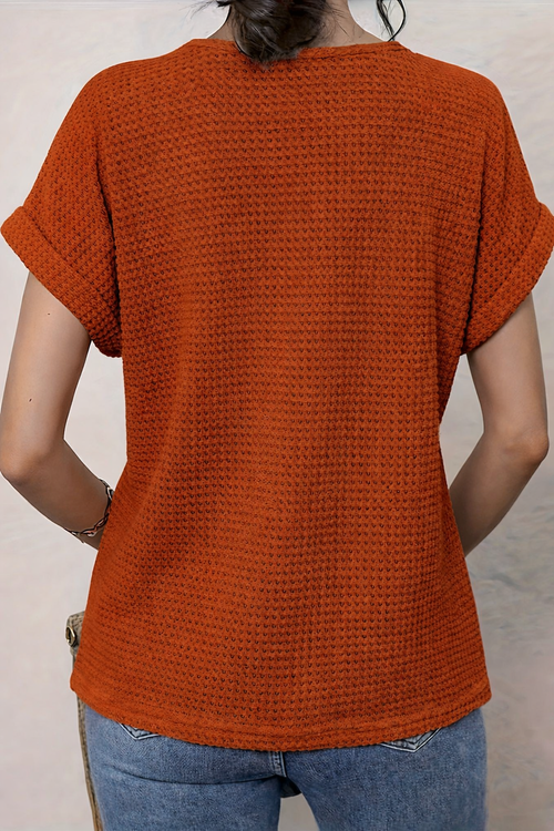 Women Waffle-Knit Top with Crochet Lace Trim and Round Neckline - 10