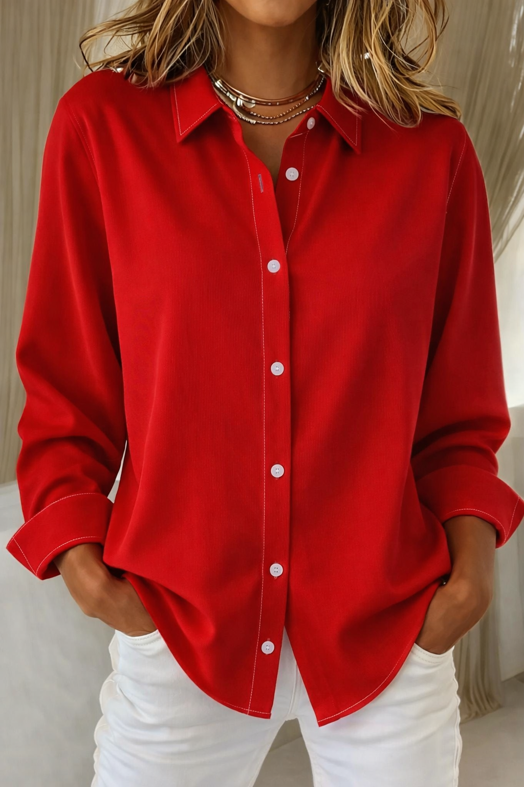 Women's Long-Sleeve Button-Up Shirt with Classic Collar - Red
