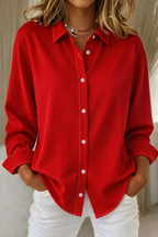 Women's Long-Sleeve Button-Up Shirt with Classic Collar - Red