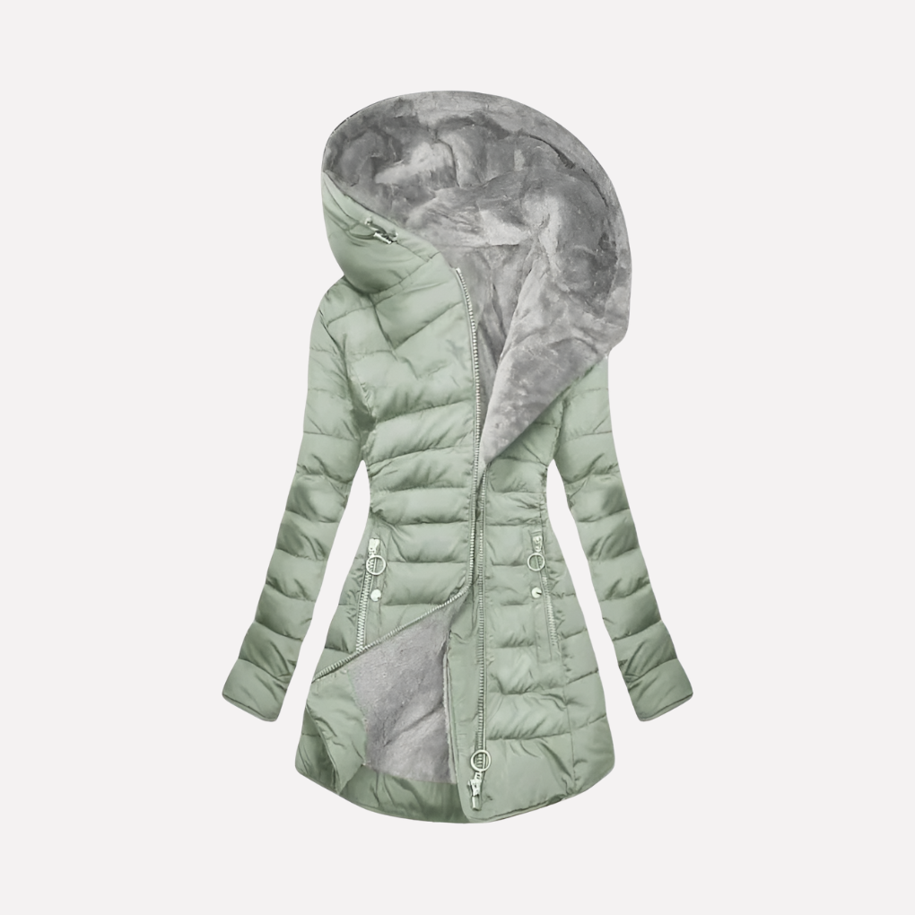 Women's Hooded Quilted Coat with Zip Front and Side Pockets - Light Green
