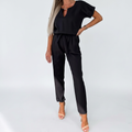 Women's Jumpsuit Short-Sleeve Keyhole Neck Tapered Leg - Black