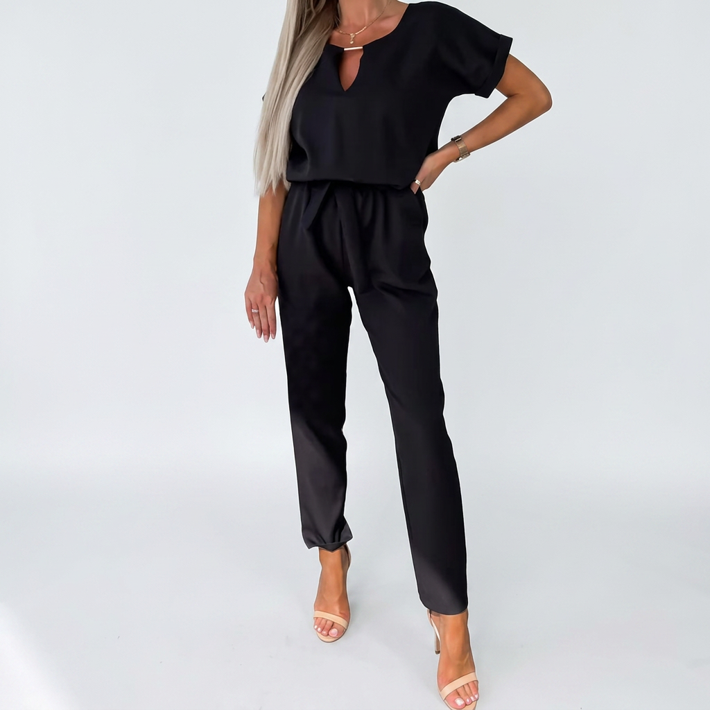 Women's Jumpsuit Short-Sleeve Keyhole Neck Tapered Leg - Black