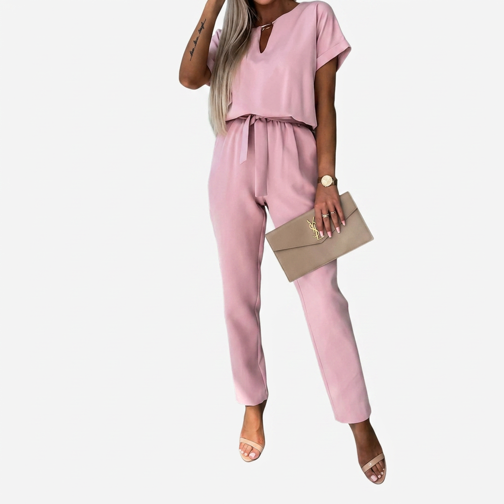 Women's Jumpsuit Short-Sleeve Keyhole Neck Tapered Leg - Pink