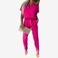 Women's Jumpsuit Short-Sleeve Keyhole Neck Tapered Leg - Magenta