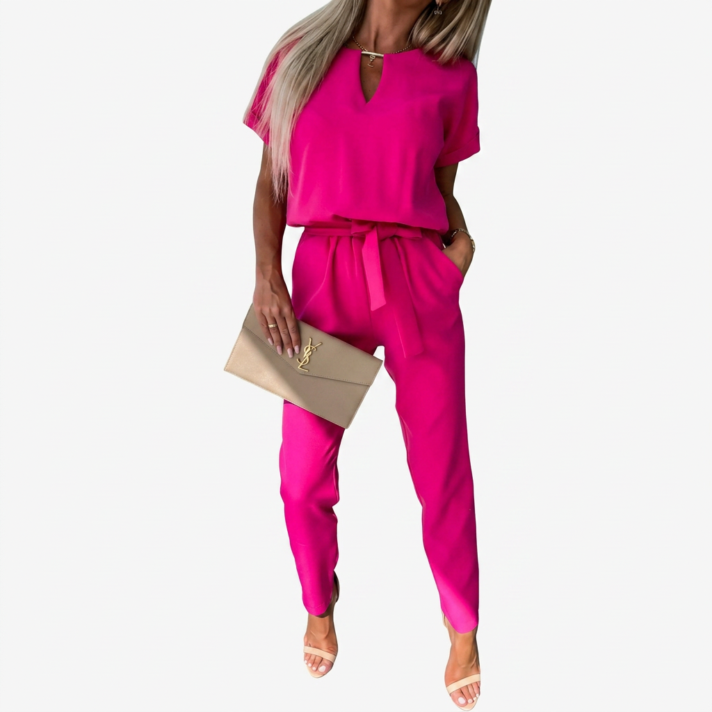Women's Jumpsuit Short-Sleeve Keyhole Neck Tapered Leg - Magenta