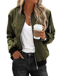 Women's Bomber Jacket with Zip Fastening and Ribbed Trims - Army Green