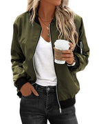 Women's Bomber Jacket with Zip Fastening and Ribbed Trims - Army Green