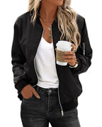 Women's Bomber Jacket with Zip Fastening and Ribbed Trims - Black