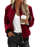 Women's Bomber Jacket with Zip Fastening and Ribbed Trims - Red