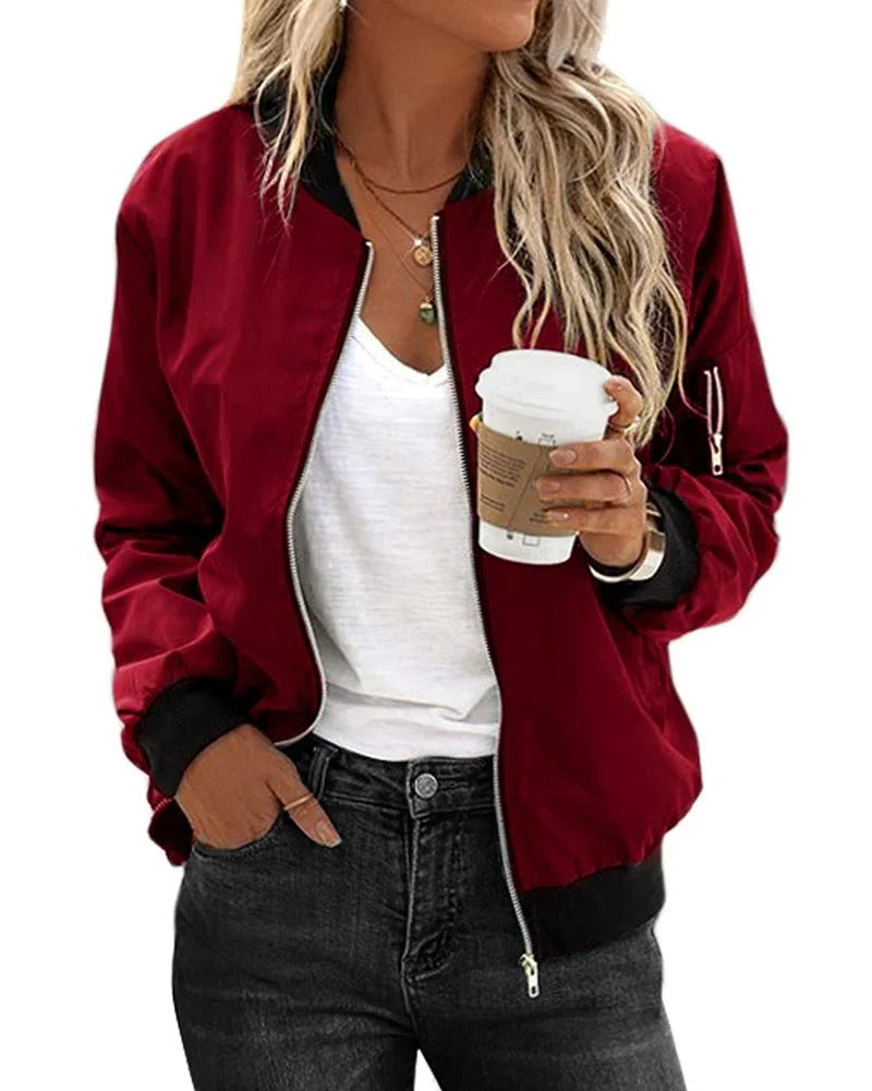 Women's Bomber Jacket with Zip Fastening and Ribbed Trims - Red