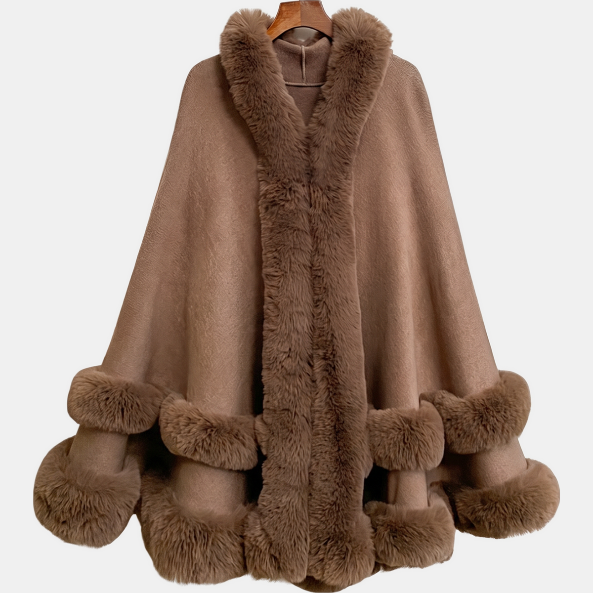 Women's Faux Fur Trim Hooded Knit Cape Coat - Clay Brown