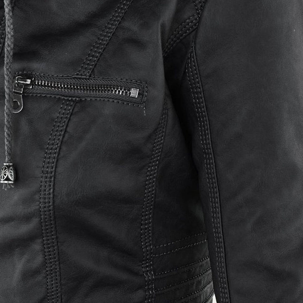 Women's Hooded Zip-Up Jacket with Faux Leather Finish - 14