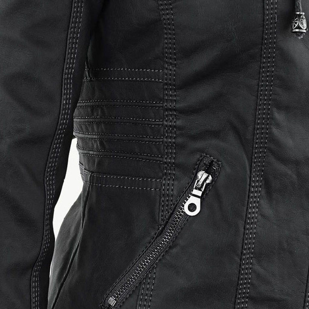 Women's Hooded Zip-Up Jacket with Faux Leather Finish - 15