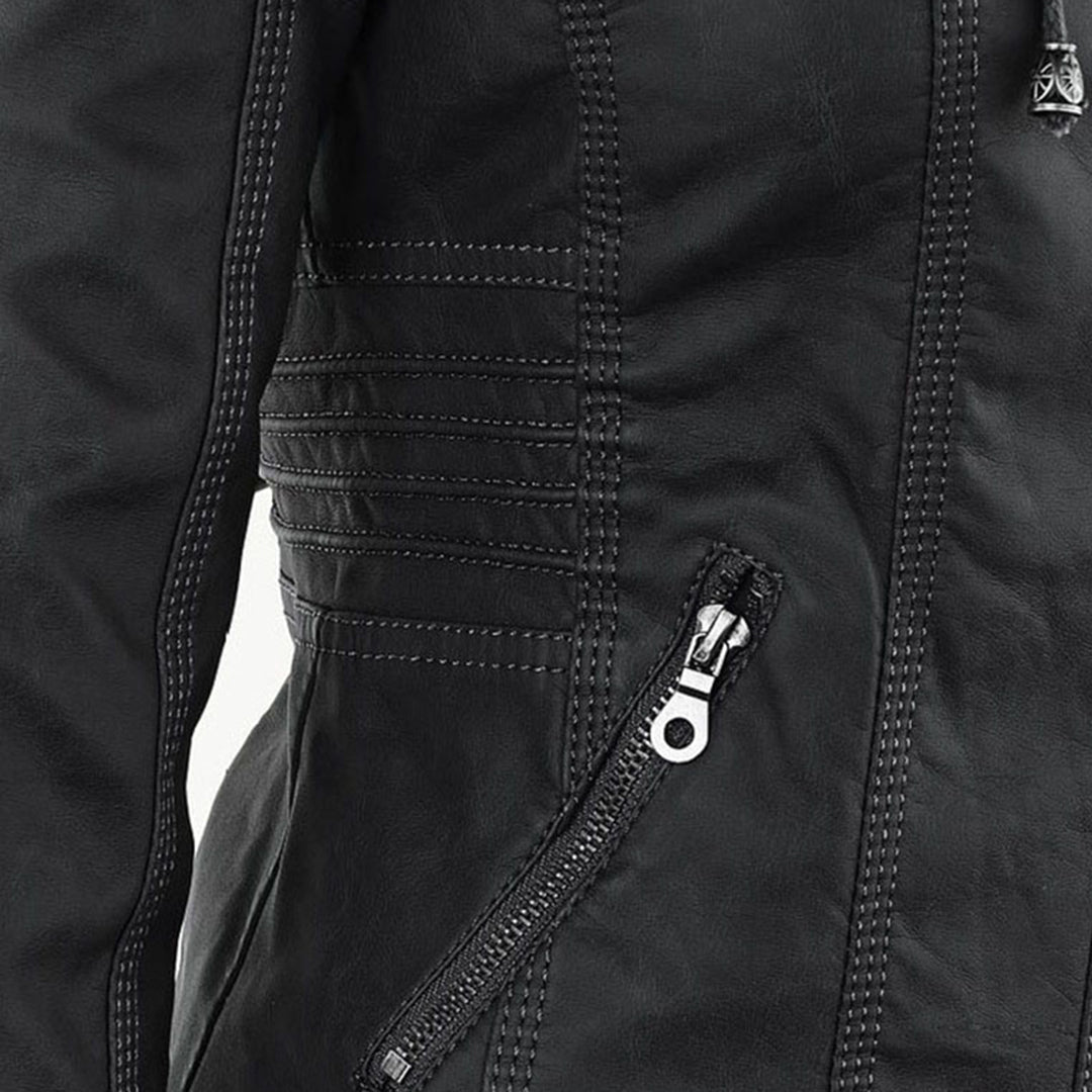 Women's Hooded Zip-Up Jacket with Faux Leather Finish - 15