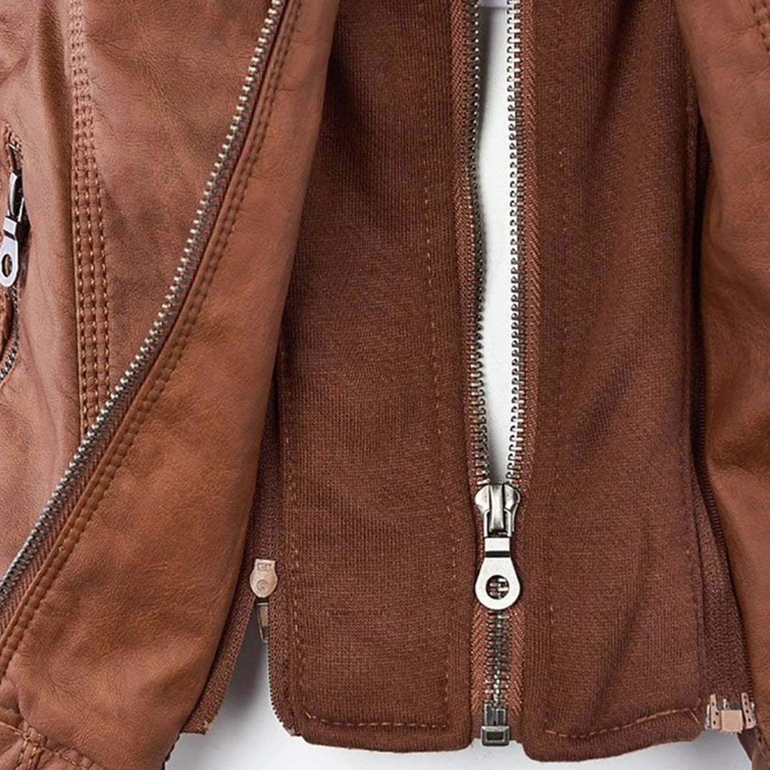 Women's Hooded Zip-Up Jacket with Faux Leather Finish - 12