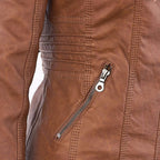 Women's Hooded Zip-Up Jacket with Faux Leather Finish - 11