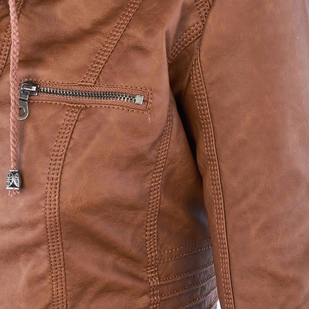 Women's Hooded Zip-Up Jacket with Faux Leather Finish - 10