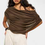Women's Sultry Cape-Style Ruched Blouse - Coffee Brown