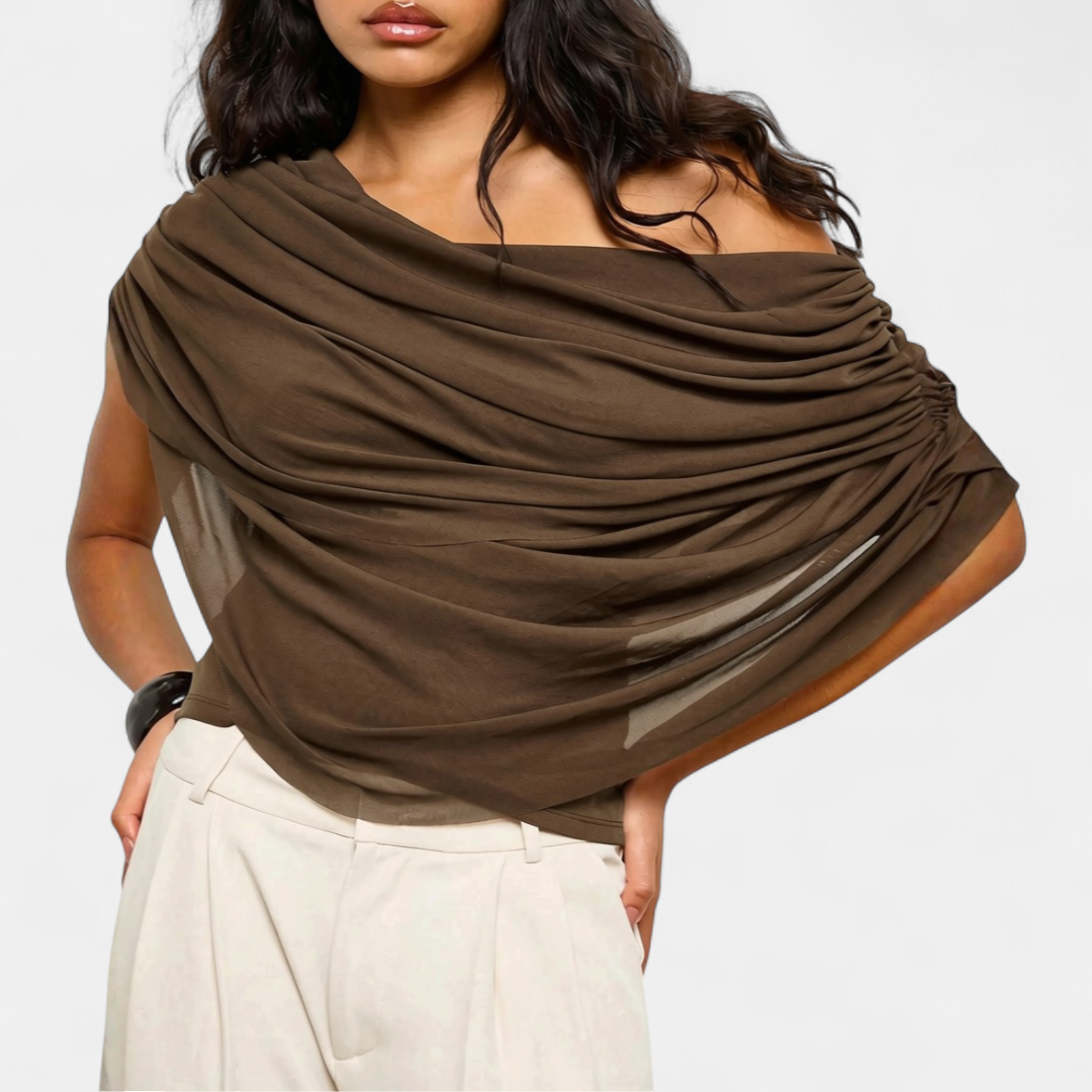 Women's Sultry Cape-Style Ruched Blouse - Coffee Brown