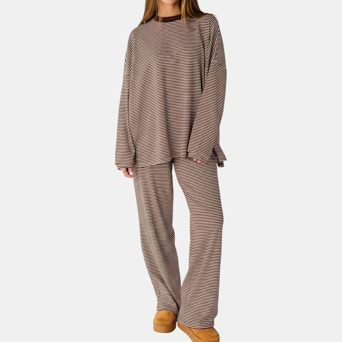 Women's Pyjamas Sets Oversized Wide Leg Striped Two Piece Set - Coffee Brown