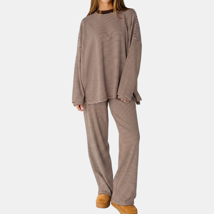 Women's Pyjamas Sets Oversized Wide Leg Striped Two Piece Set - Coffee Brown