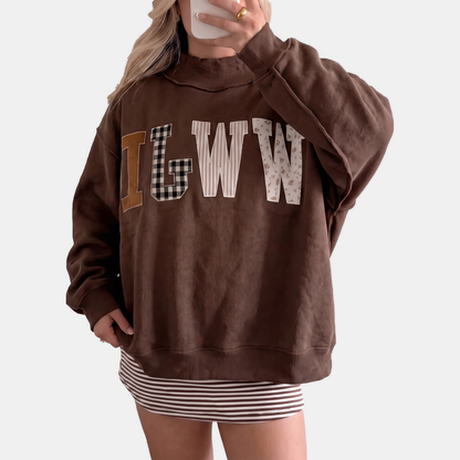 Women's Graphic Crewneck Oversized Sweatshirt with Patchwork Appliqué - Coffee