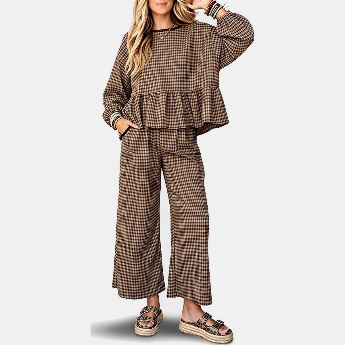 Women's Ruffle Hem Lounge Set Wide Leg Cropped Trousers - Coffee