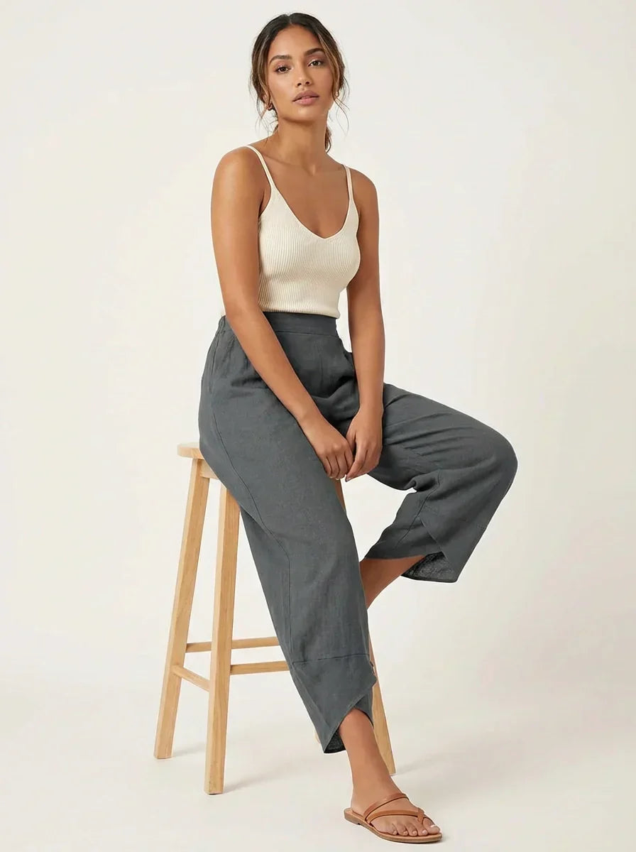 Women's Barrel Leg Trousers Cropped with Tulip Hem and Elastic Waist - Grey