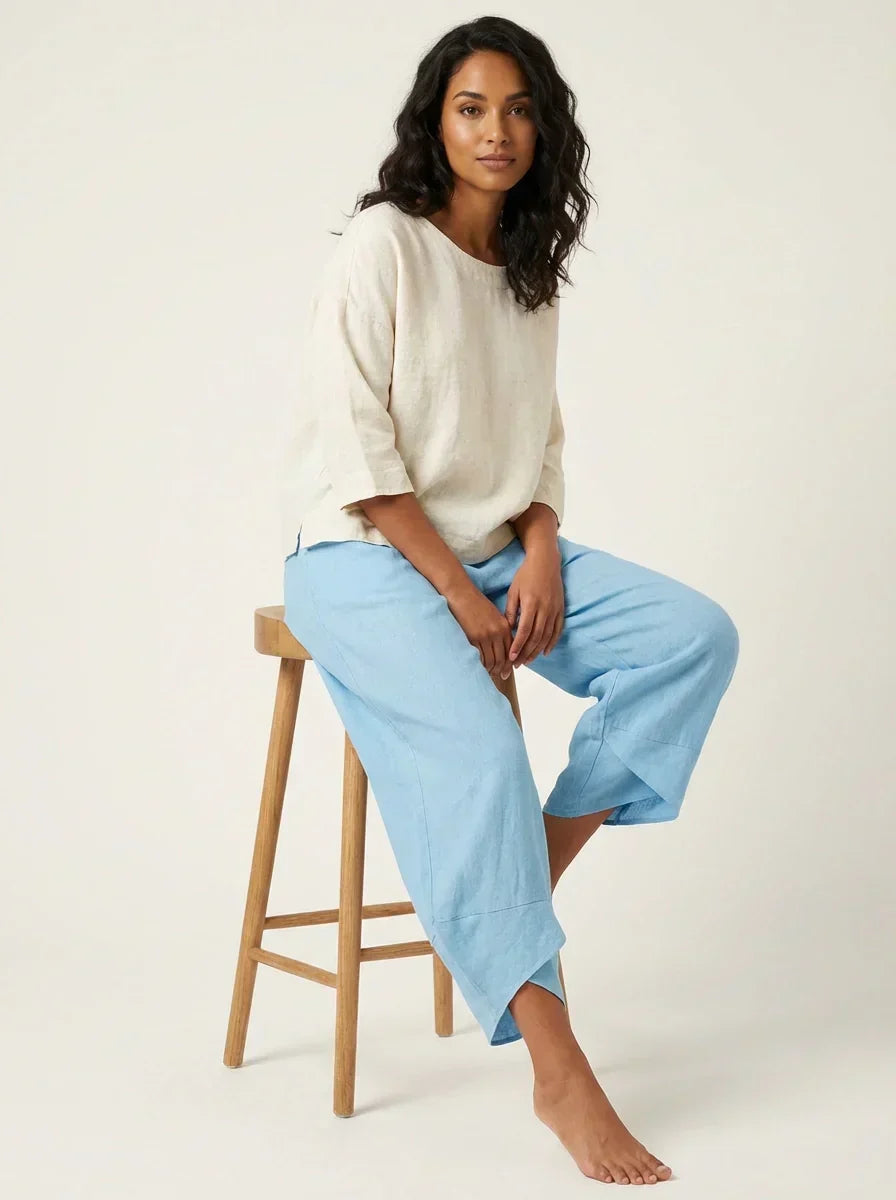 Women's Barrel Leg Trousers Cropped with Tulip Hem and Elastic Waist - Blue