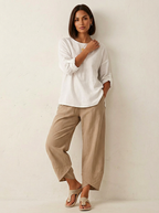 Women's Barrel Leg Trousers Cropped with Tulip Hem and Elastic Waist - Khaki