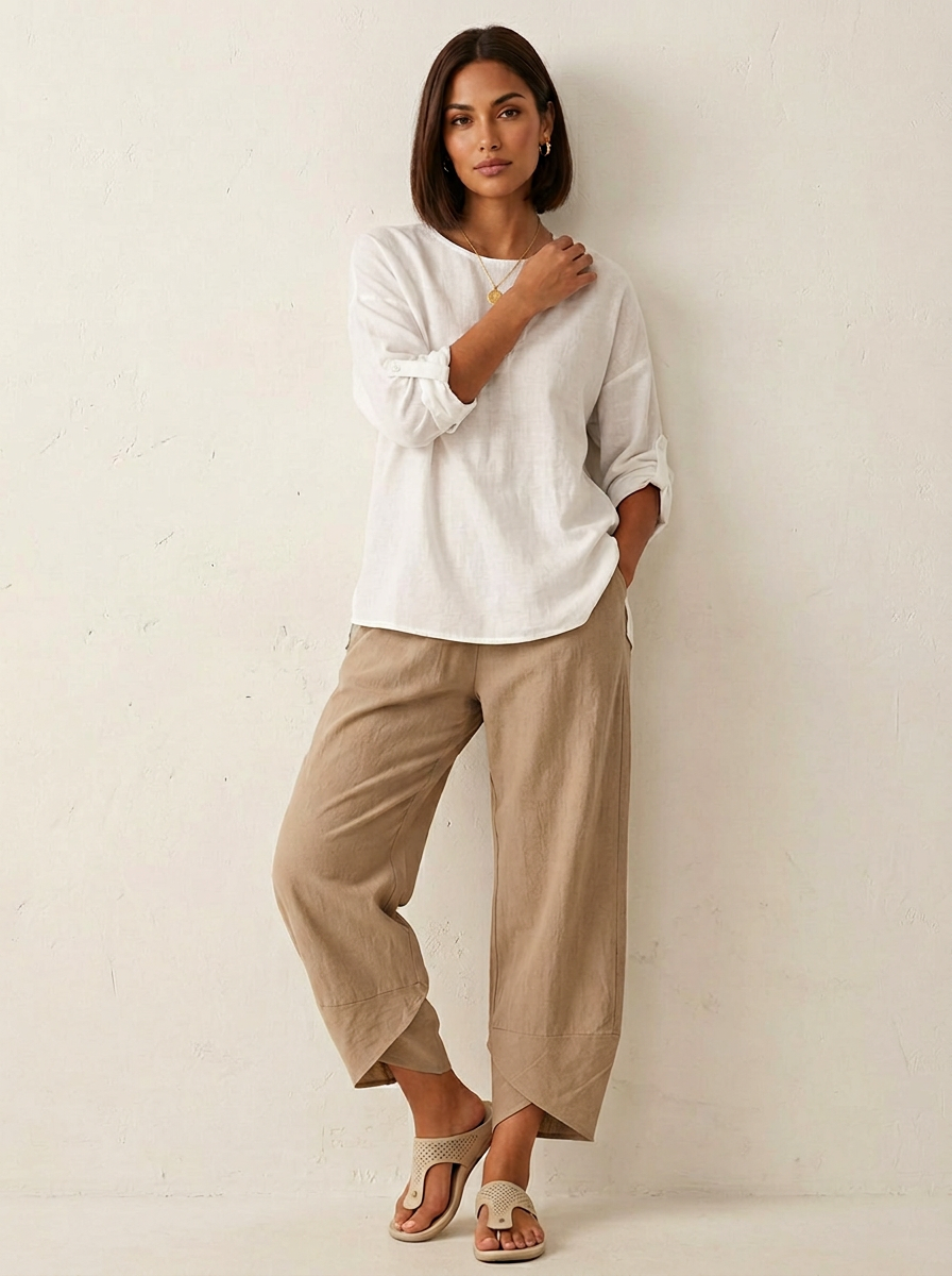 Women's Barrel Leg Trousers Cropped with Tulip Hem and Elastic Waist - Khaki