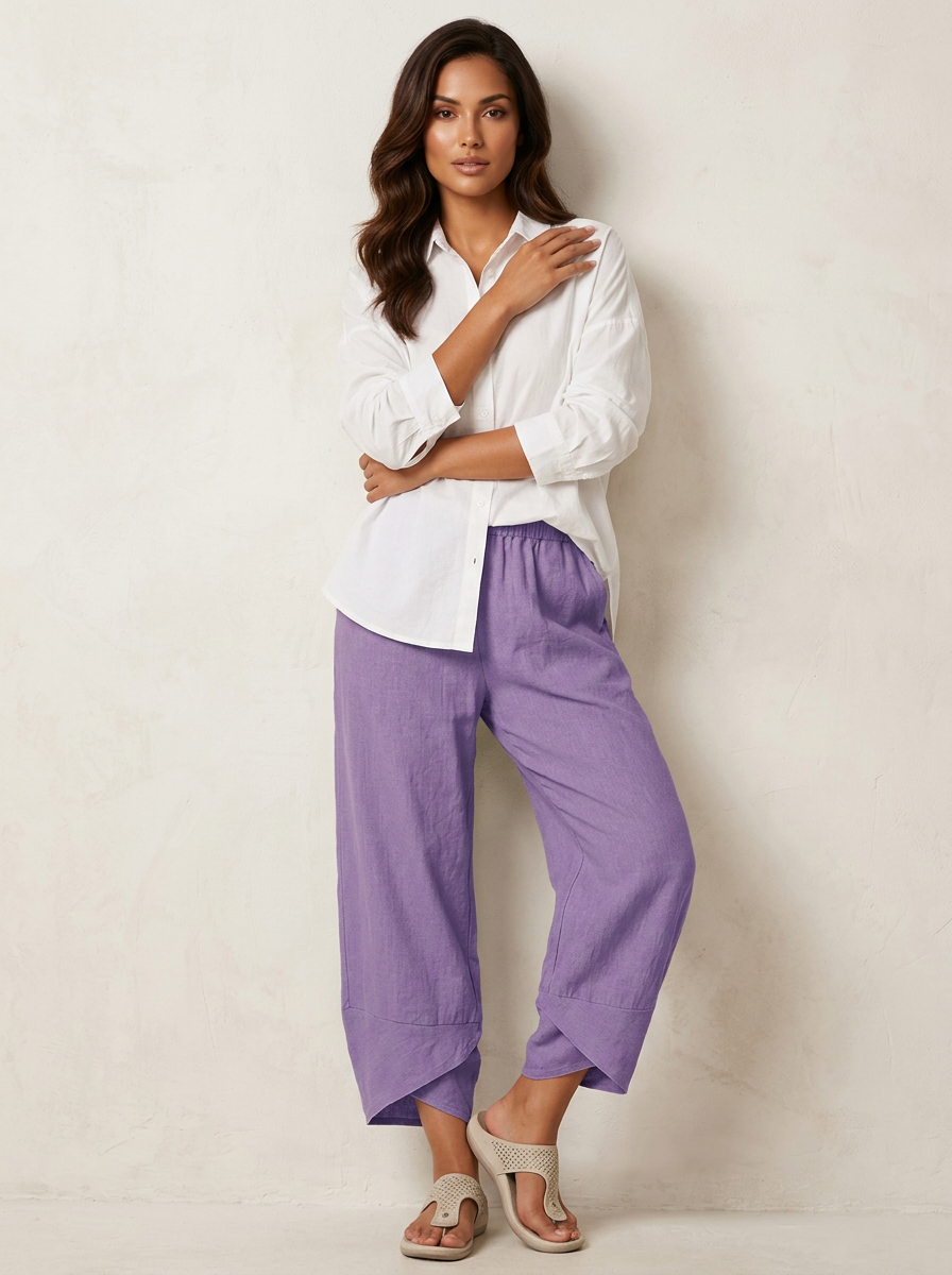Women's Barrel Leg Trousers Cropped with Tulip Hem and Elastic Waist - Lilac