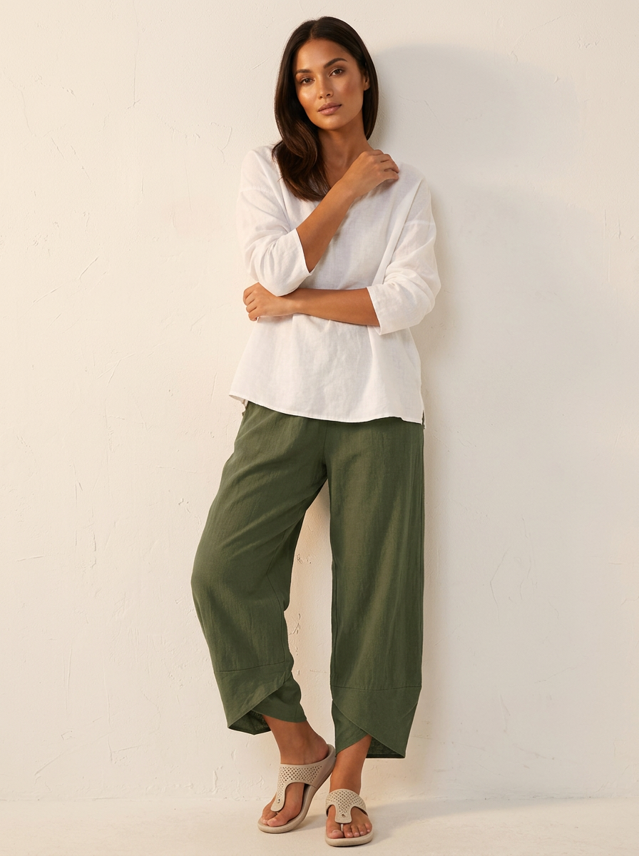 Women's Barrel Leg Trousers Cropped with Tulip Hem and Elastic Waist - Green