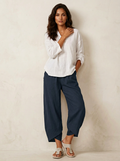 Women's Barrel Leg Trousers Cropped with Tulip Hem and Elastic Waist - Navy