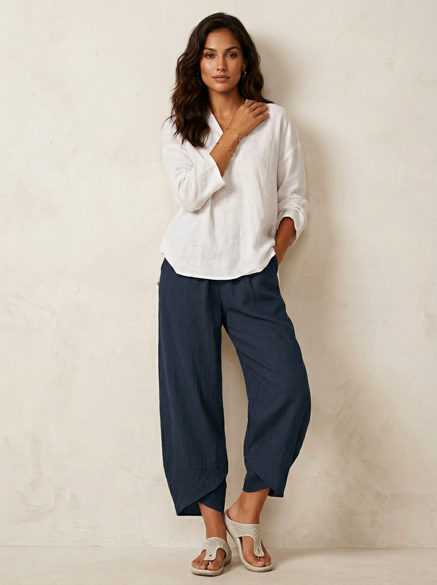 Women's Barrel Leg Trousers Cropped with Tulip Hem and Elastic Waist - Navy