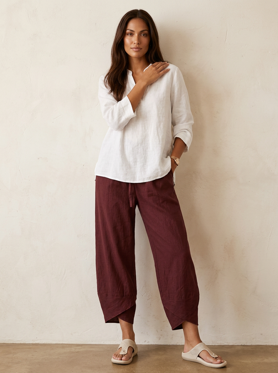 Women's Barrel Leg Trousers Cropped with Tulip Hem and Elastic Waist - Red