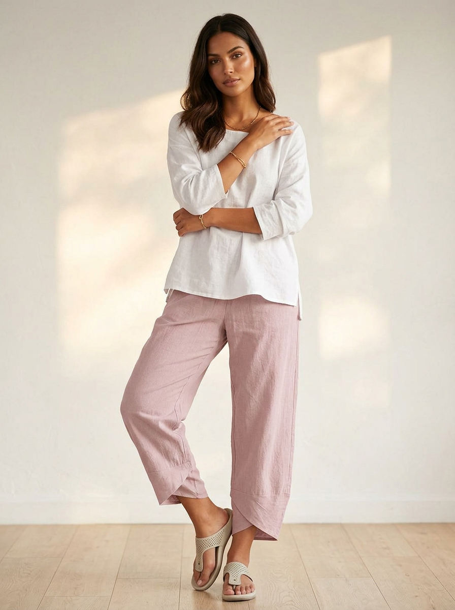 Women's Barrel Leg Trousers Cropped with Tulip Hem and Elastic Waist - Pink