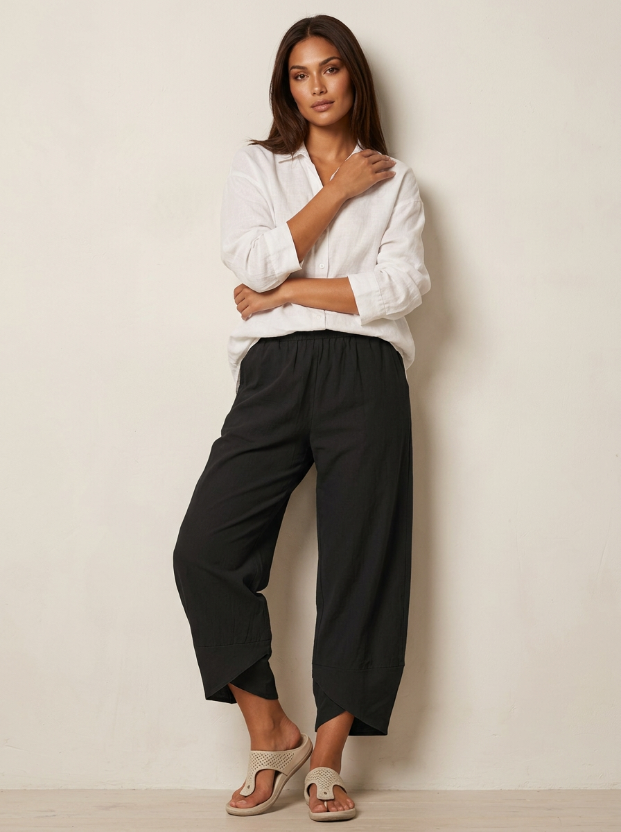 Women's Barrel Leg Trousers Cropped with Tulip Hem and Elastic Waist - Black