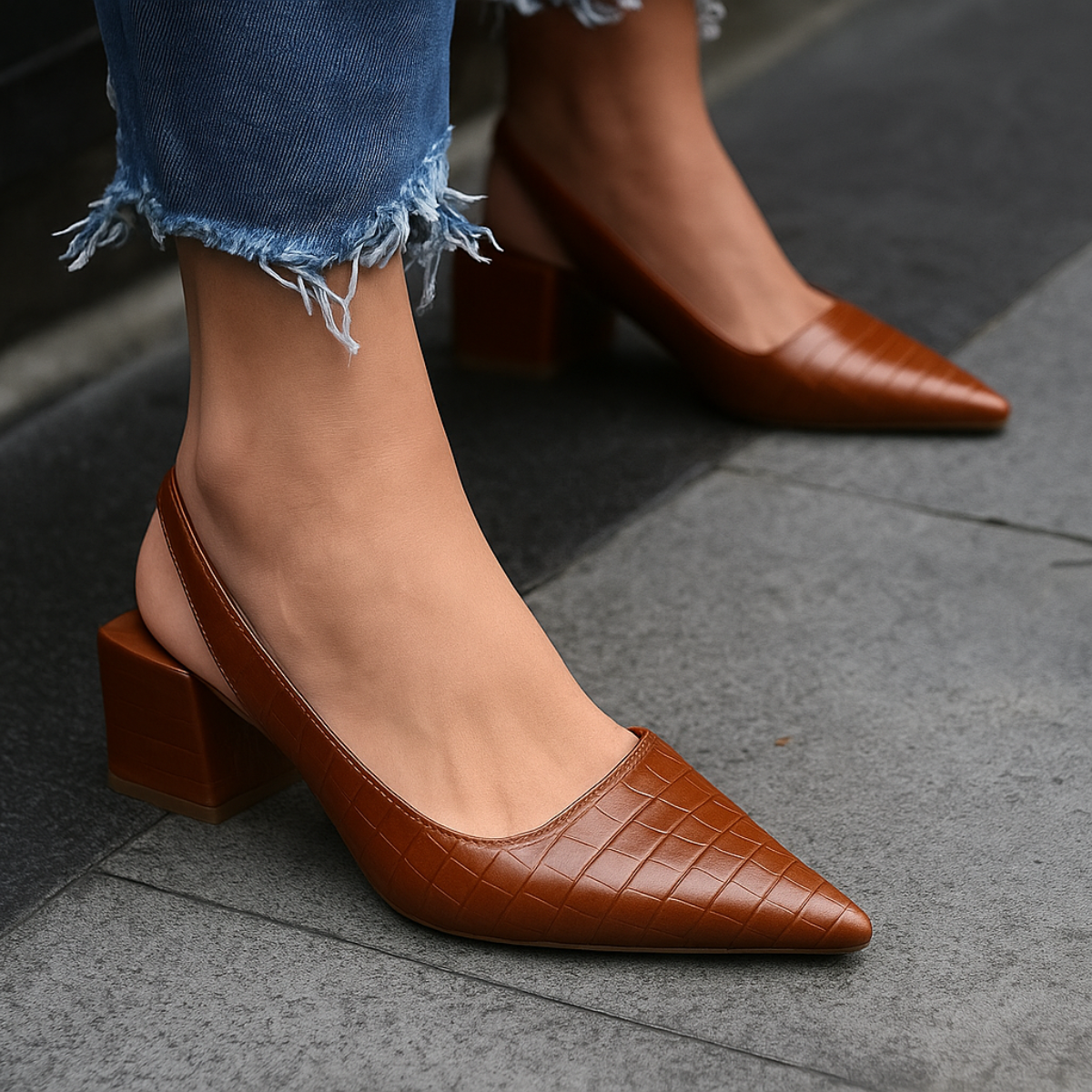 Women's Pointed Slingback Heels with Croc-Effect Finish - Brown