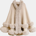 Women's Faux Fur Trim Hooded Knit Cape Coat - Cream