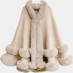 Women's Faux Fur Trim Hooded Knit Cape Coat - Cream